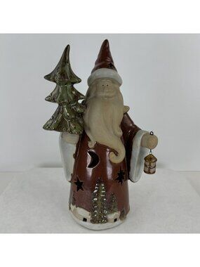 Santa Claus Stoneware Figurine 12" Moon Star Cutouts Christmas Tree Lantern